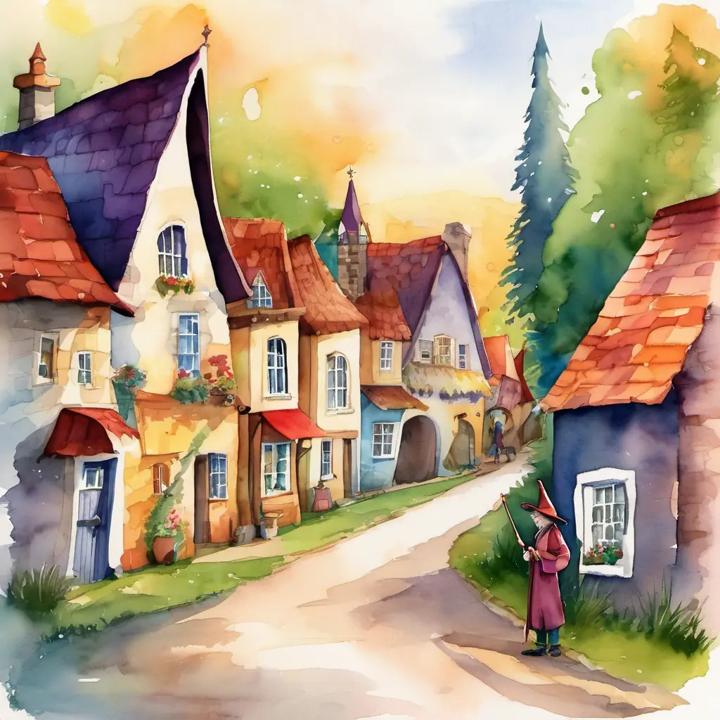 A small village with colorful houses and a big sign that says 'Spellville'. Winston - A small wizard with a pointy hat and a magic wand, eager to prove himself, a little wizard with a pointy hat and a magic wand, standing alone sadly.