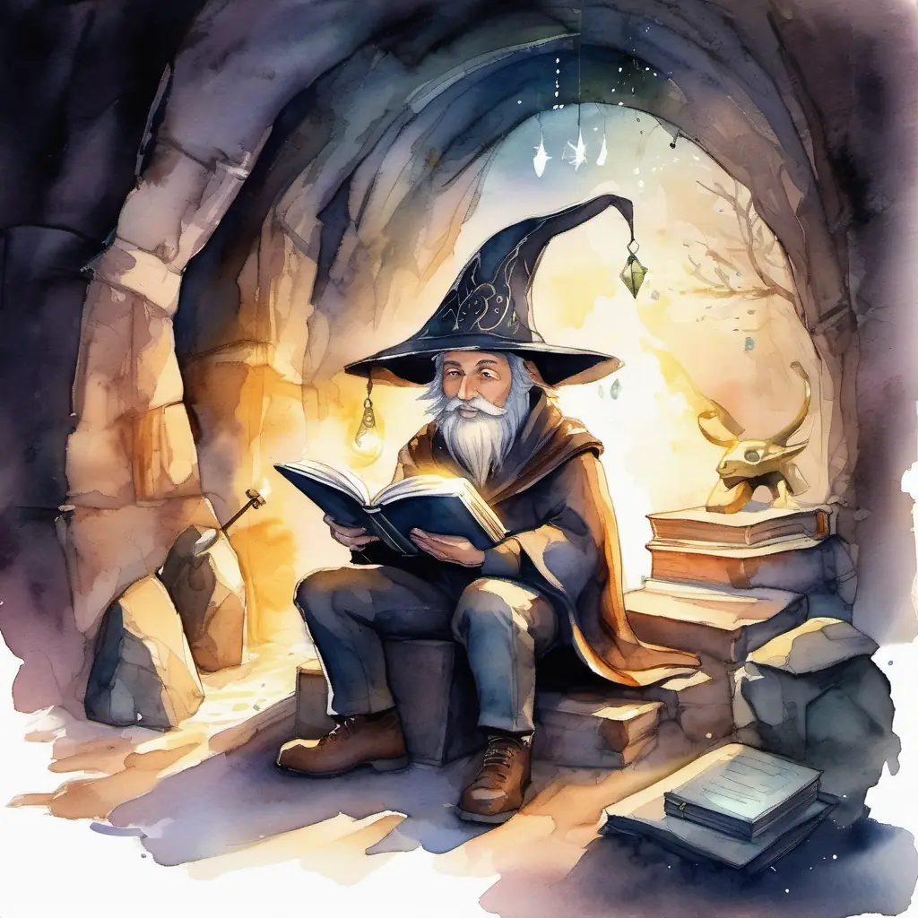 A dark and mysterious cave with glowing magical symbols on the walls. Winston - A small wizard with a pointy hat and a magic wand, eager to prove himself holding the ancient book and reading a spell.