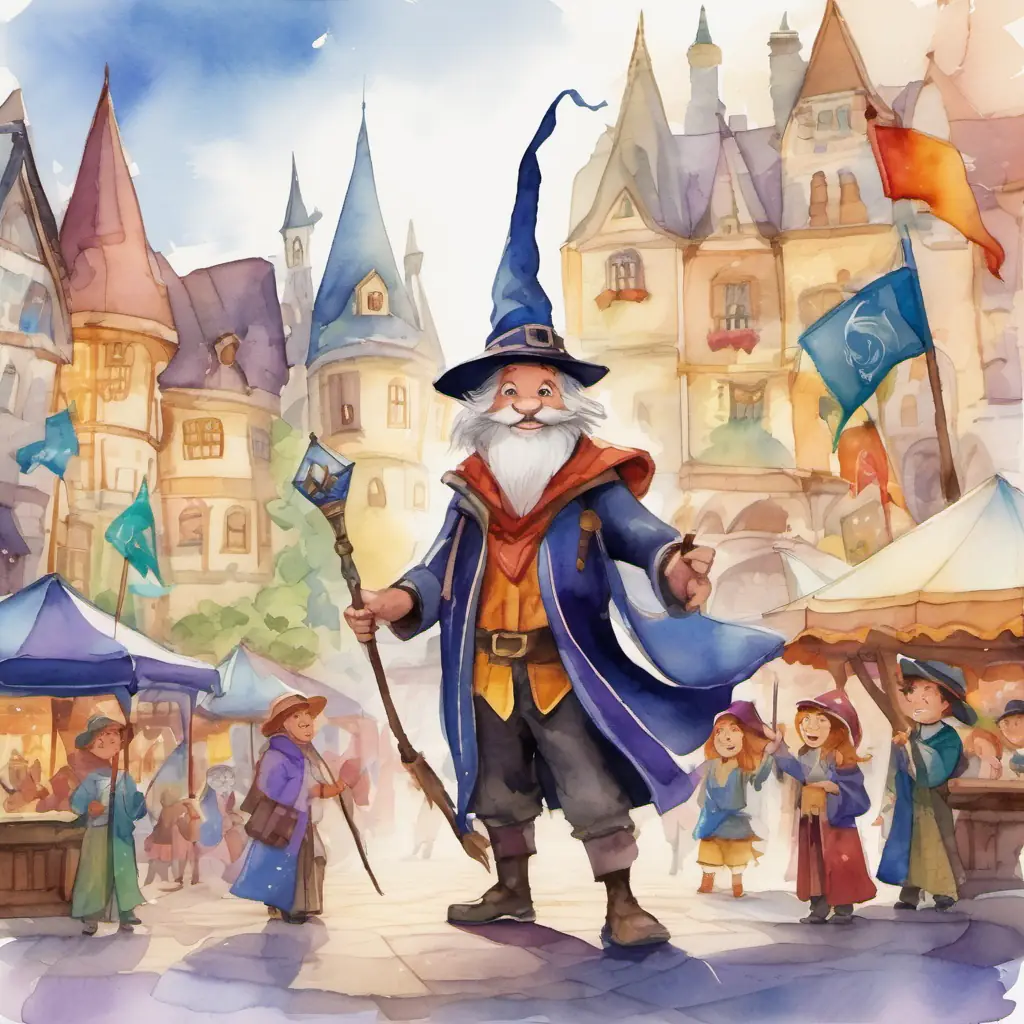 Spellville's town square filled with cheerful wizards, colorful flags, and a stage for the tournament. Winston - A small wizard with a pointy hat and a magic wand, eager to prove himself, now bigger and braver, standing proudly with a huge smile.