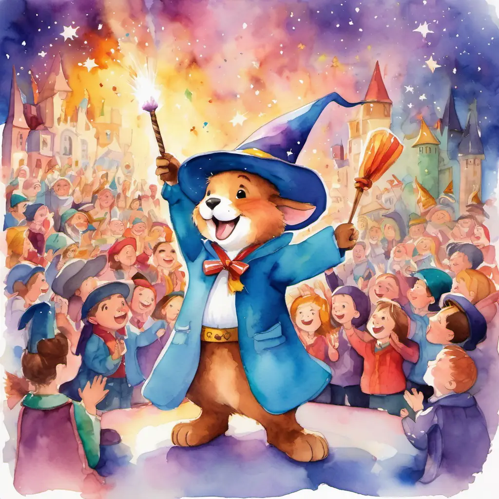 A large stage with colorful lights and a big audience clapping and cheering. Winston - A small wizard with a pointy hat and a magic wand, eager to prove himself using his magic wand to turn a rabbit into a hat, with other amazed wizards watching in awe.