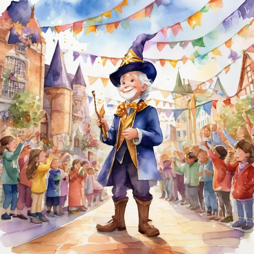 Spellville's town square decorated with ribbons and confetti. Winston - A small wizard with a pointy hat and a magic wand, eager to prove himself standing on a podium, wearing a shiny gold medal, and being applauded by all the wizards.