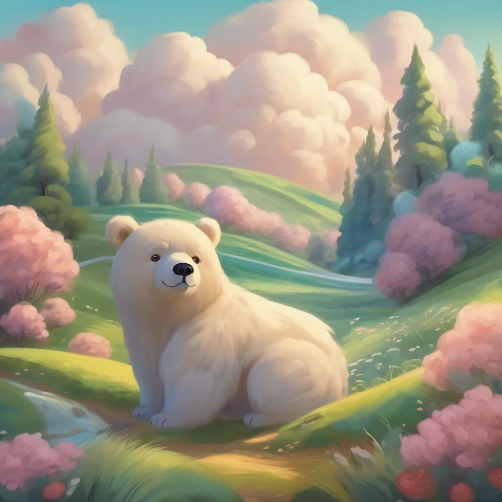 A whimsical illustrated landscape with swirling magic and a soft, friendly bear with fur like a cotton cloud.