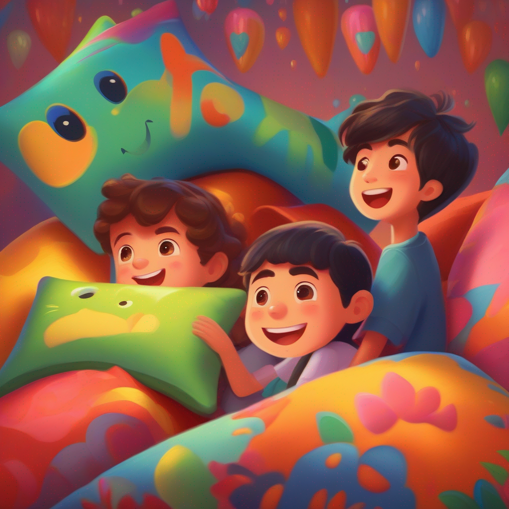 Three kids with talking pillows, colorful and magical