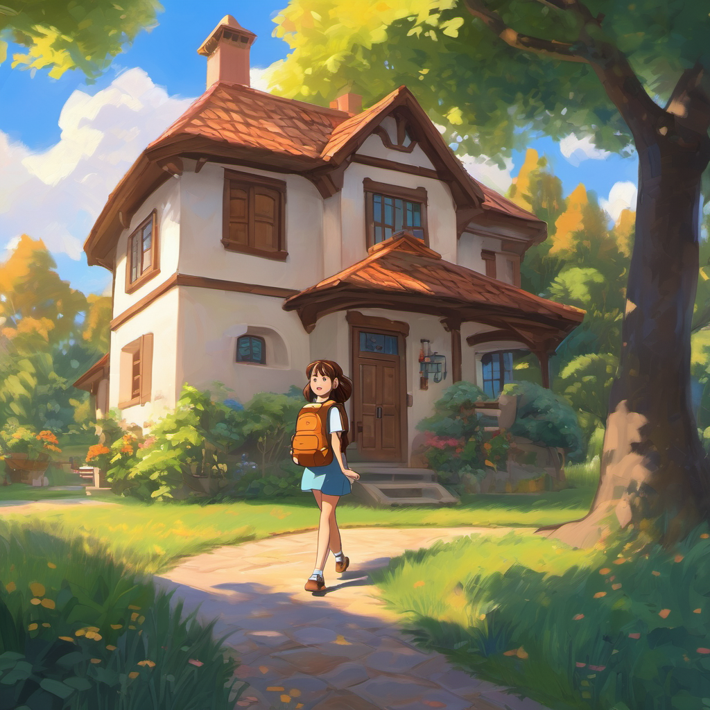 A picture of Mia is a girl with brown hair and a big smile with brown hair, a big smile, and her backpack, standing outside her house with trees and sunshine.