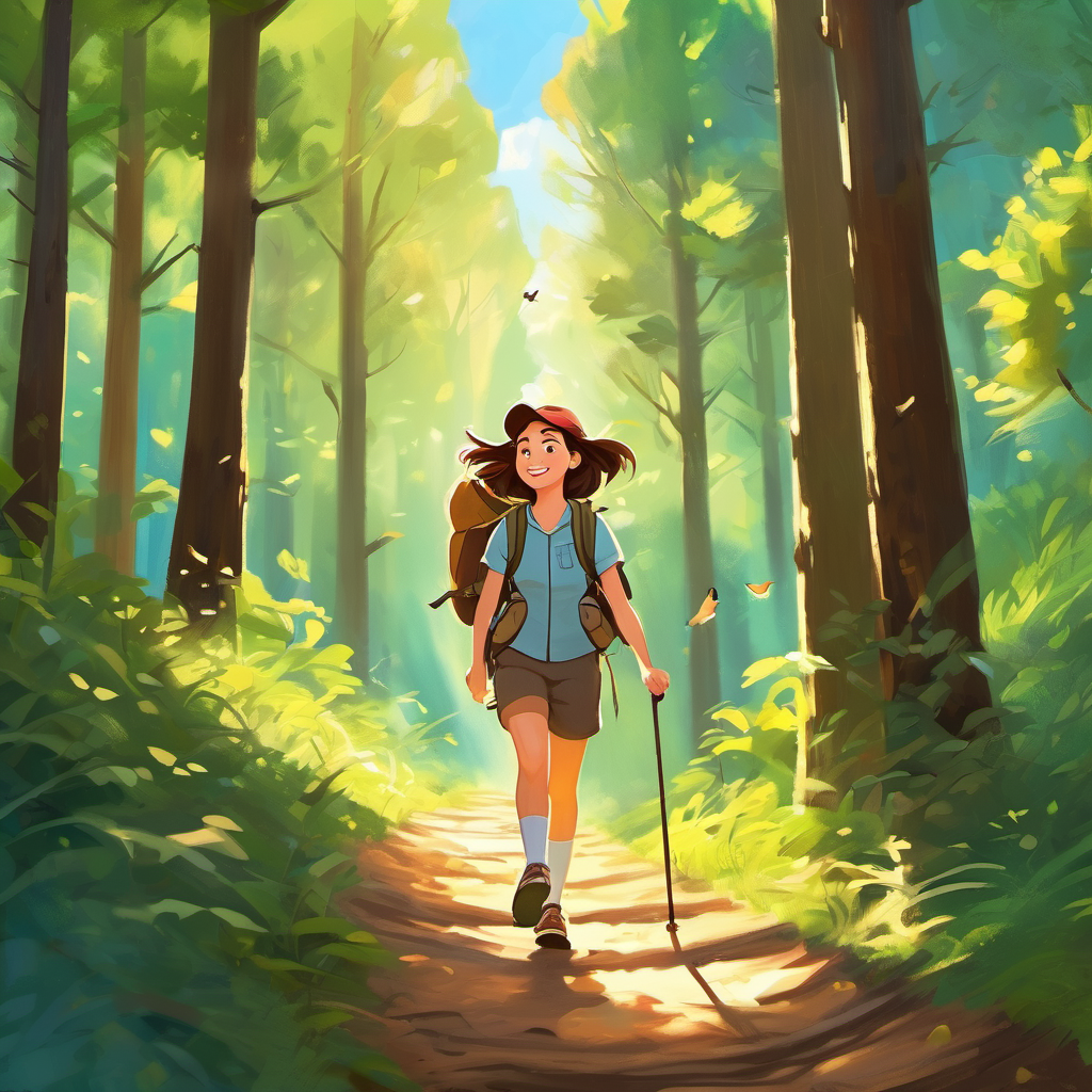 A picture of Mia is a girl with brown hair and a big smile hiking on a forest trail with tall trees, birds flying, and a beam of sunshine touching the ground.