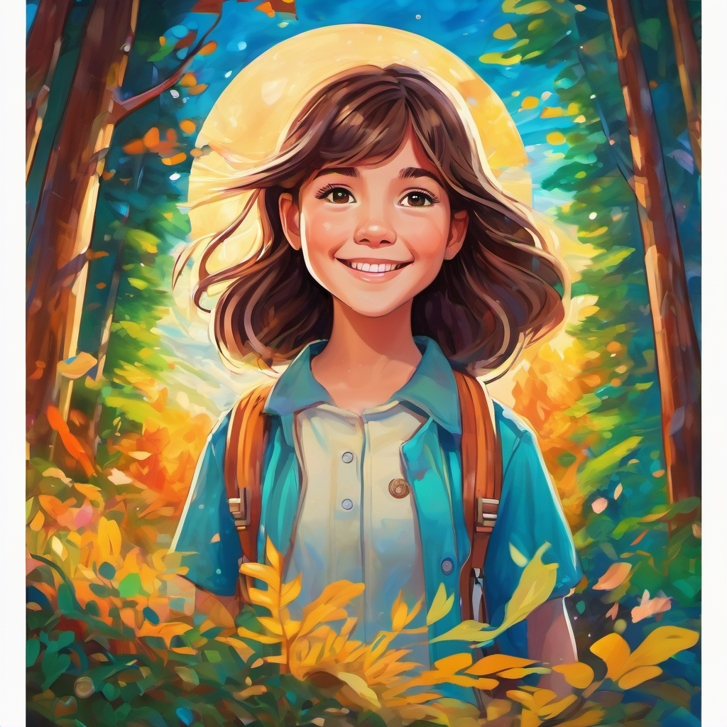 A picture of Mia is a girl with brown hair and a big smile standing in a clearing surrounded by trees, with colorful energy waves flowing around her and connecting to the Earth.