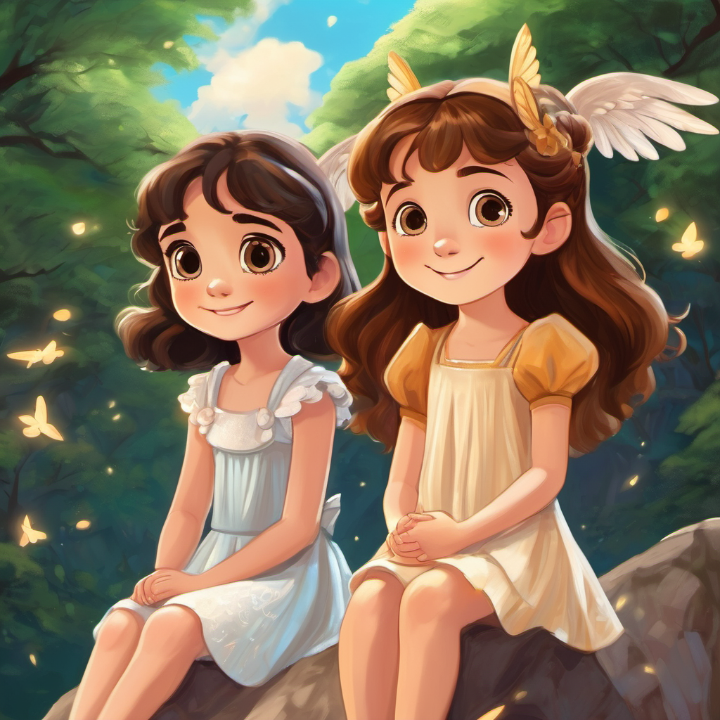 A picture of Mia is a girl with brown hair and a big smile and Emma sitting on a rock, Emma with sparkly wings and a shiny dress, and Mia is a girl with brown hair and a big smile with wide eyes, listening attentively.