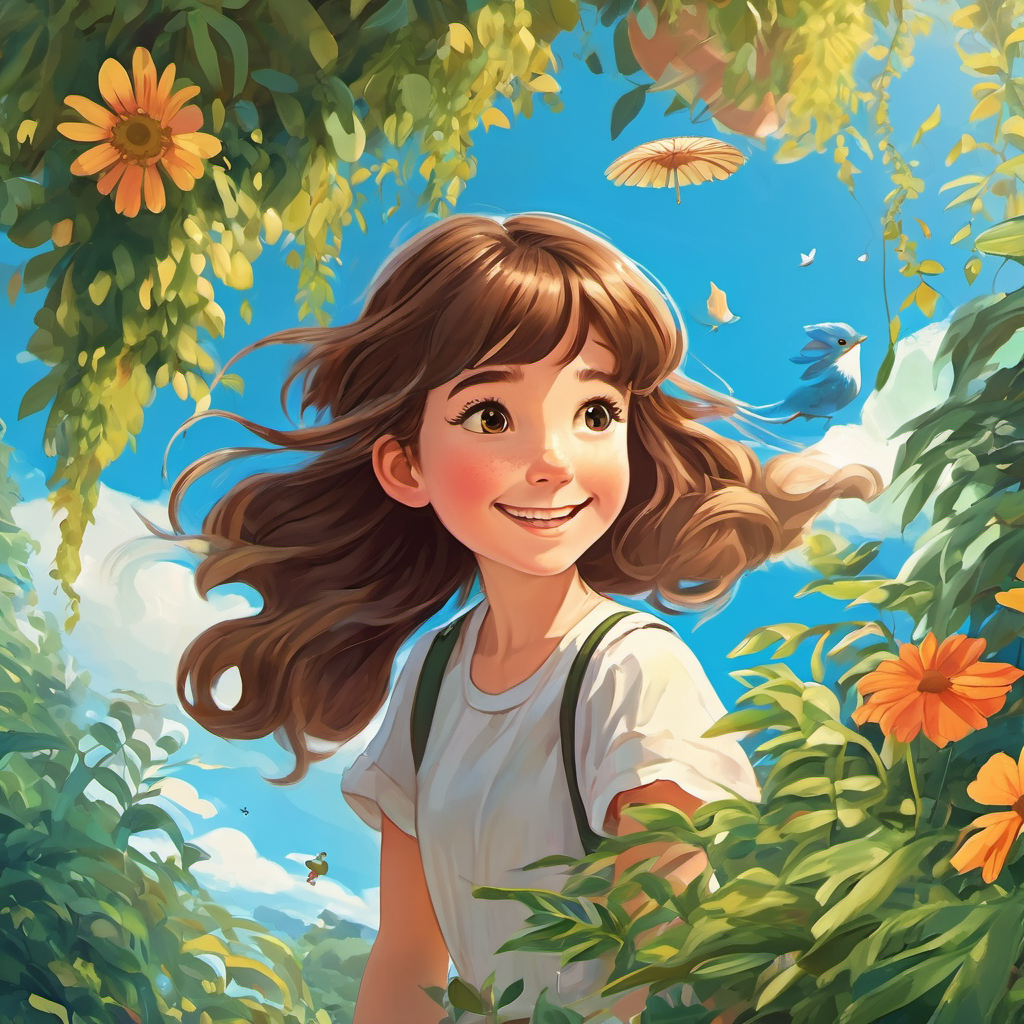 A picture of Mia is a girl with brown hair and a big smile and Emma floating in the air, surrounded by plants, animals, and a beautiful blue sky.