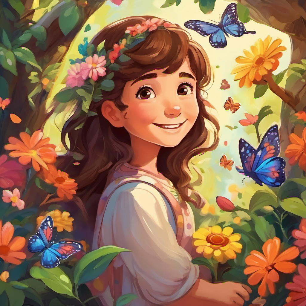 A picture of Mia is a girl with brown hair and a big smile hugging a tree with a big smile, surrounded by flowers and butterflies.