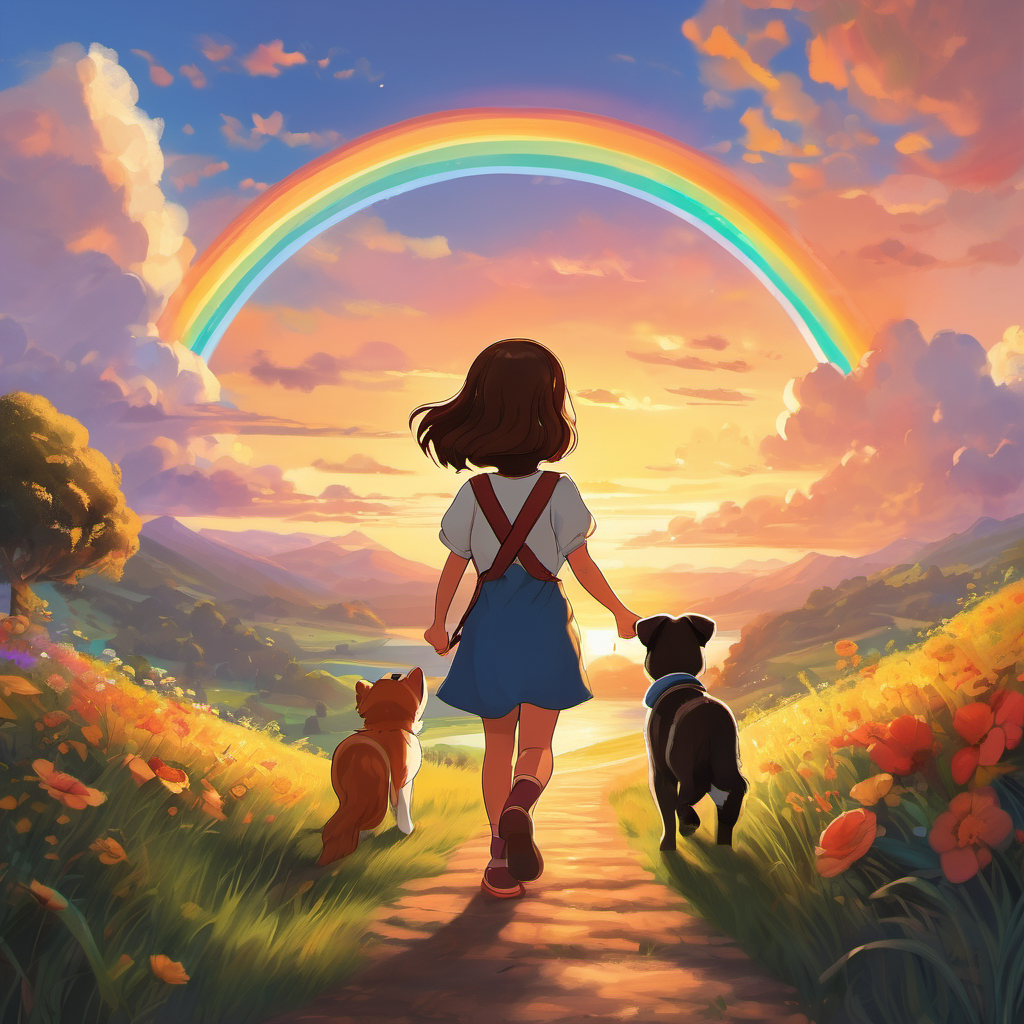 A picture of Mia is a girl with brown hair and a big smile and Emma holding hands and looking towards the sunset, with a rainbow in the sky and animals playing nearby.