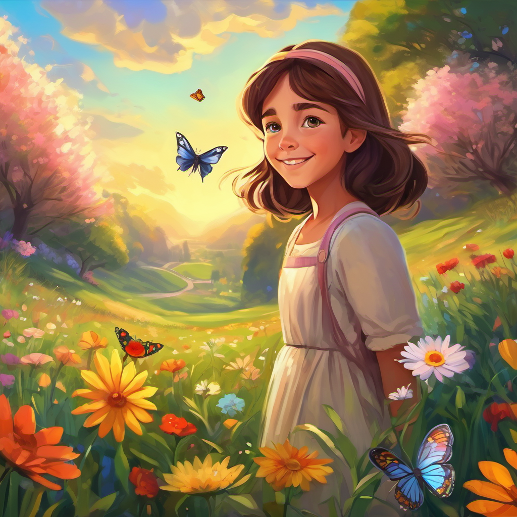 A picture of Mia is a girl with brown hair and a big smile and Emma exploring a beautiful meadow with colorful flowers, trees, and butterflies.