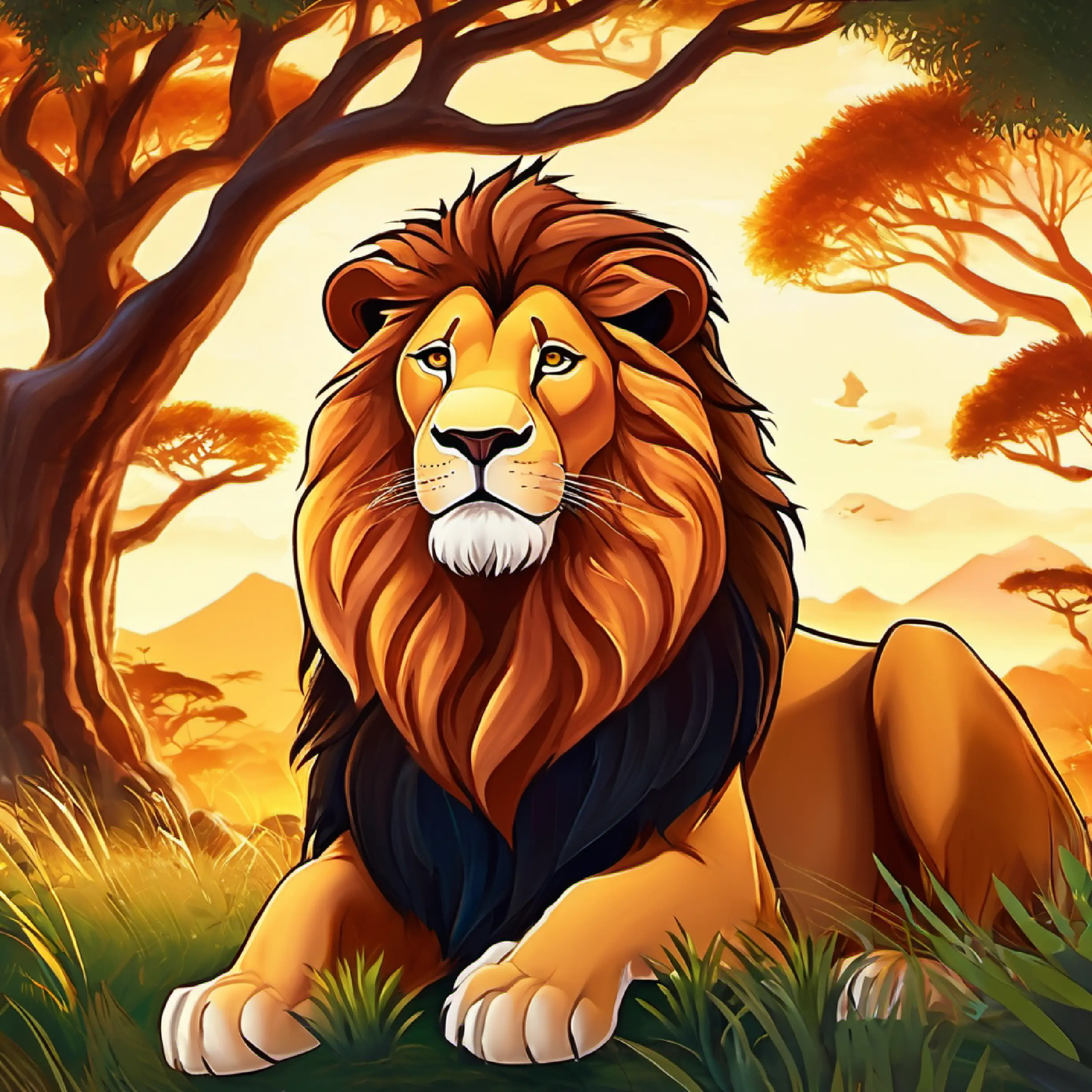In the heart of the African savanna, a majestic lion named Mufasa ruled over the Pride Lands with wisdom and strength. He was known as the Lion King, and his reign brought prosperity and harmony to the animal kingdom.