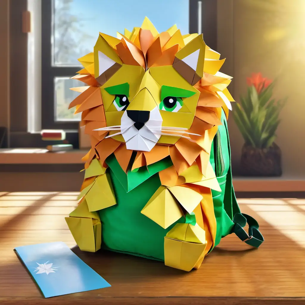 Fluffy lion, golden fur, green eyes, colorful backpack, friendly is a fluffy and friendly lion with golden fur and bright green eyes. He is wearing a colorful backpack and standing in front of his cozy den with the sun shining through the window.