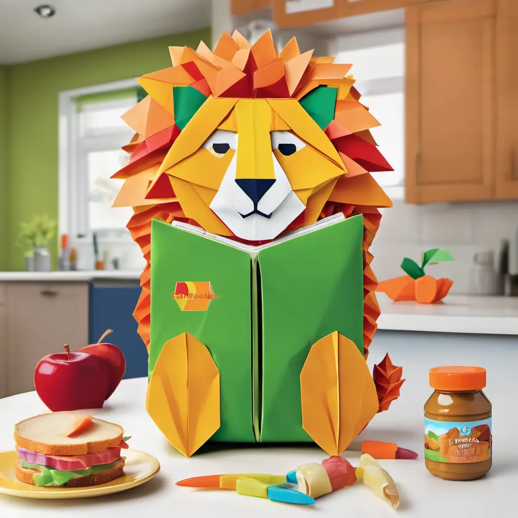 Fluffy lion, golden fur, green eyes, colorful backpack, friendly sits at the kitchen table, licking his lips while looking at his lunchbox filled with a tasty peanut butter and jelly sandwich, a crunchy carrot, and a juicy apple.