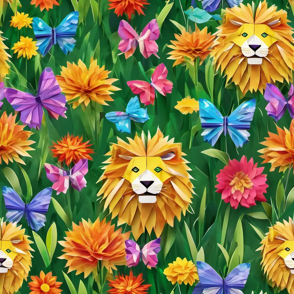 Fluffy lion, golden fur, green eyes, colorful backpack, friendly is skipping joyfully through the lush meadow, with colorful flowers and butterflies all around.