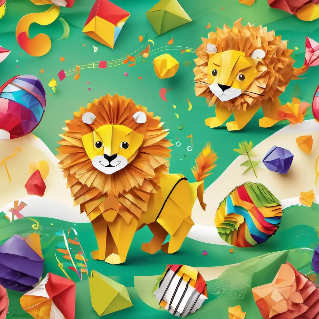 Fluffy lion, golden fur, green eyes, colorful backpack, friendly is playing with his friends, shaking mini maracas and tapping a magical drum, with colorful musical notes floating in the air.
