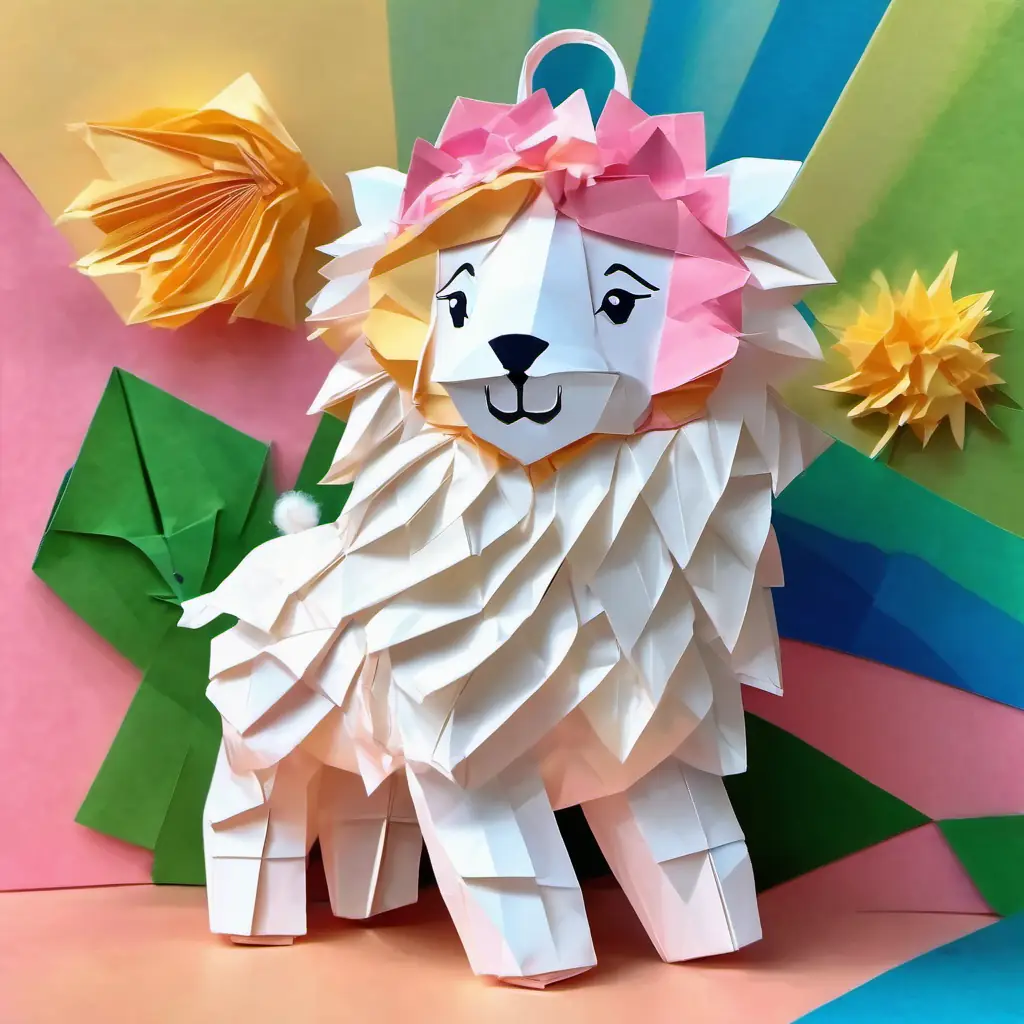 Fluffy lion, golden fur, green eyes, colorful backpack, friendly is walking home with his friend Fluffy white lamb, pink bow, sweet smile, happy, a fluffy white lamb with a sweet smile and a pink bow on her ear, under the bright and happy sun.