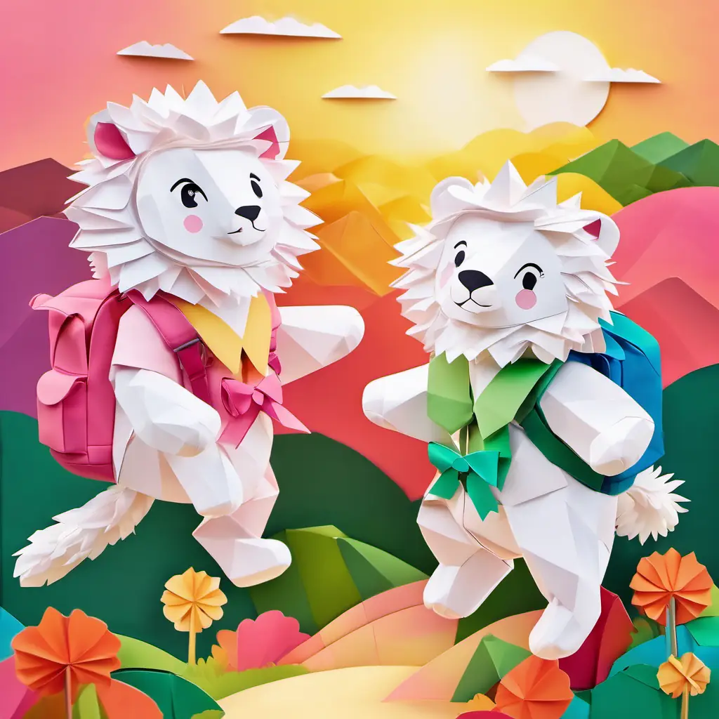 Fluffy lion, golden fur, green eyes, colorful backpack, friendly and Fluffy white lamb, pink bow, sweet smile, happy are happily leaping and laughing together, with their backpacks bouncing, and the colorful sunset in the background.