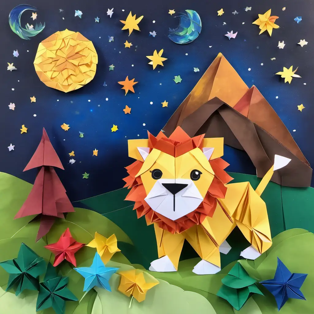 Fluffy lion, golden fur, green eyes, colorful backpack, friendly is waving goodnight with a big smile, while holding his favorite toy and standing in front of his cozy den with a starry night sky.