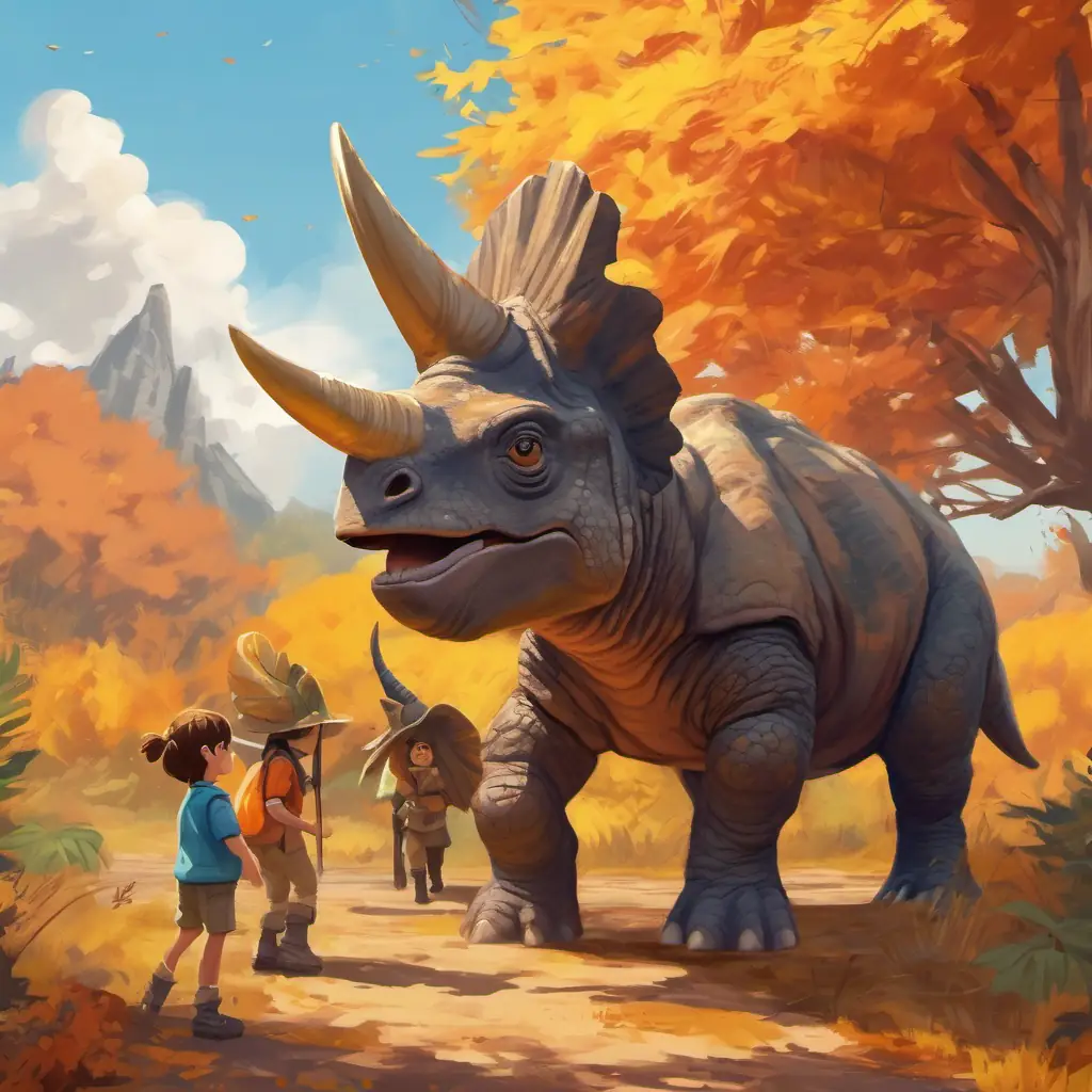 Introduction and setting of the story, survivors discovering Gentle triceratops with a majestic frill, kind brown eyes, and a playful nature in a post-apocalyptic world.