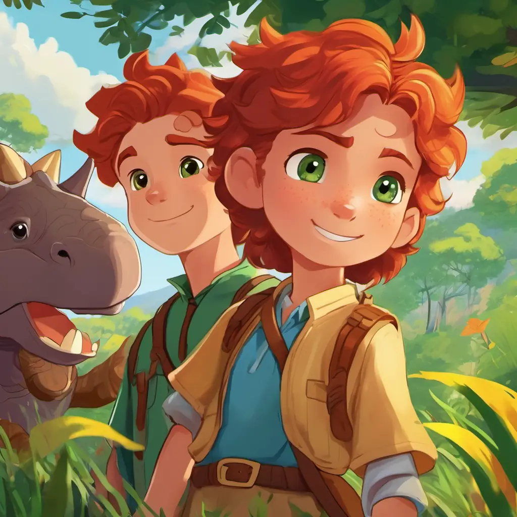 Introduction of main characters, Brave and spirited girl with bright green eyes, freckles, and fiery red hair and Loyal and adventurous boy with warm brown eyes and a mischievous grin, and their mission to protect Gentle triceratops with a majestic frill, kind brown eyes, and a playful nature.