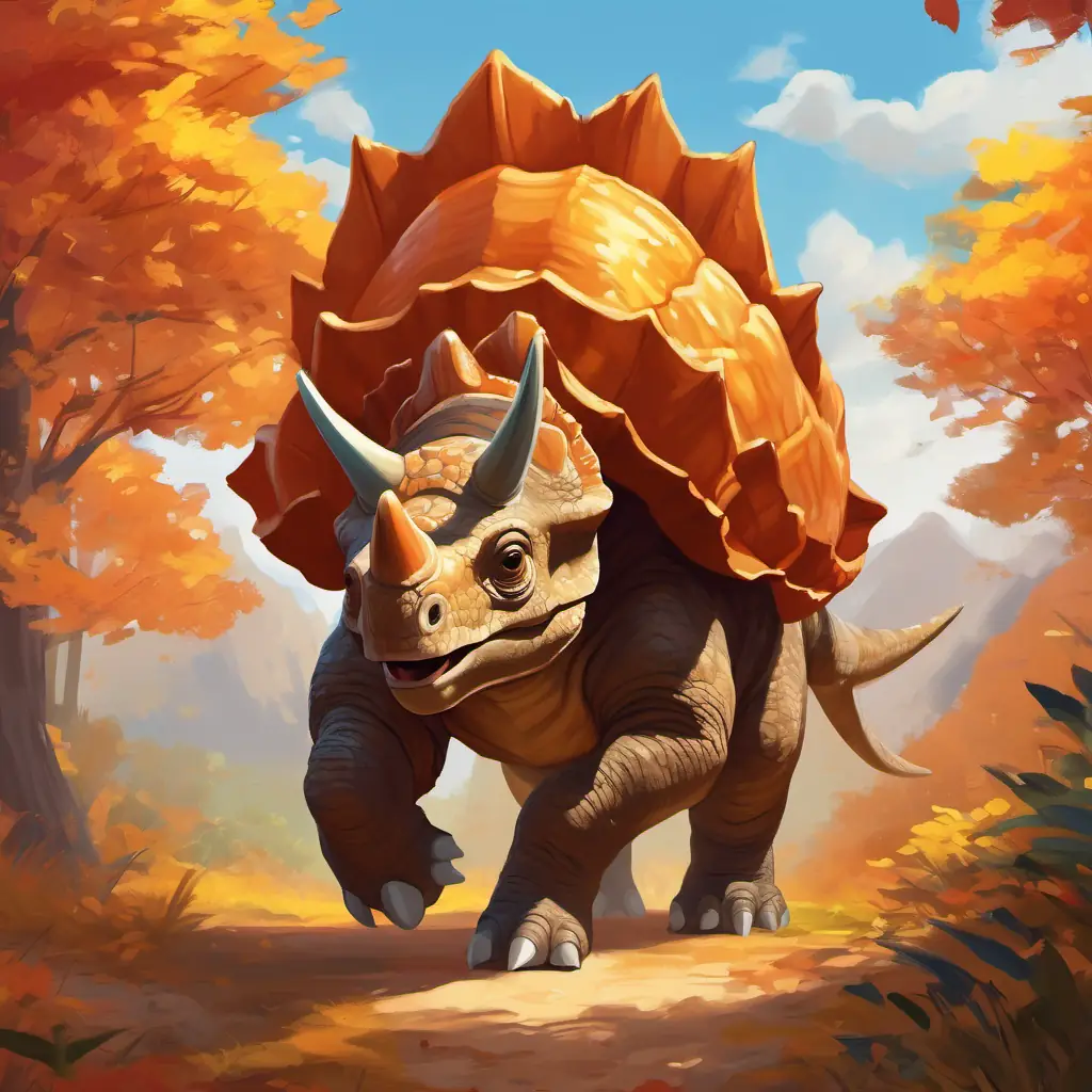 The survivors' journey, facing challenges and growing closer as they protect Gentle triceratops with a majestic frill, kind brown eyes, and a playful nature.