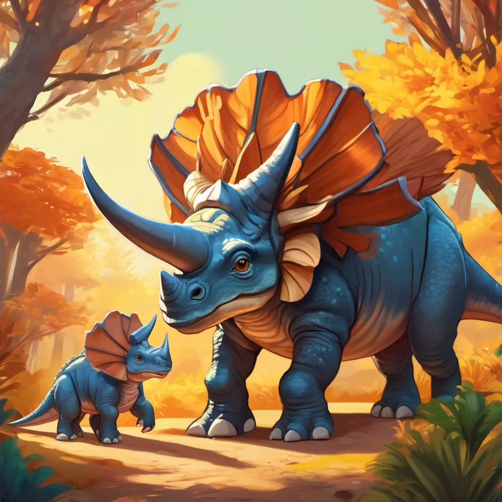 Discovery of a safe haven, reunion of Gentle triceratops with a majestic frill, kind brown eyes, and a playful nature with other dinosaurs, and the survivors' fulfillment.