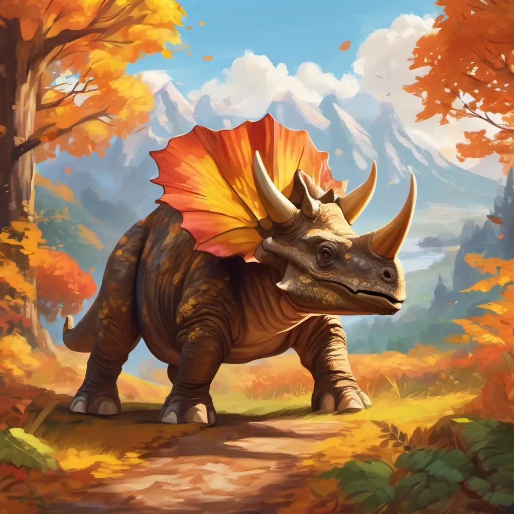 Conclusion of the story, survivors' farewell to Gentle triceratops with a majestic frill, kind brown eyes, and a playful nature and the lasting impact of their journey.