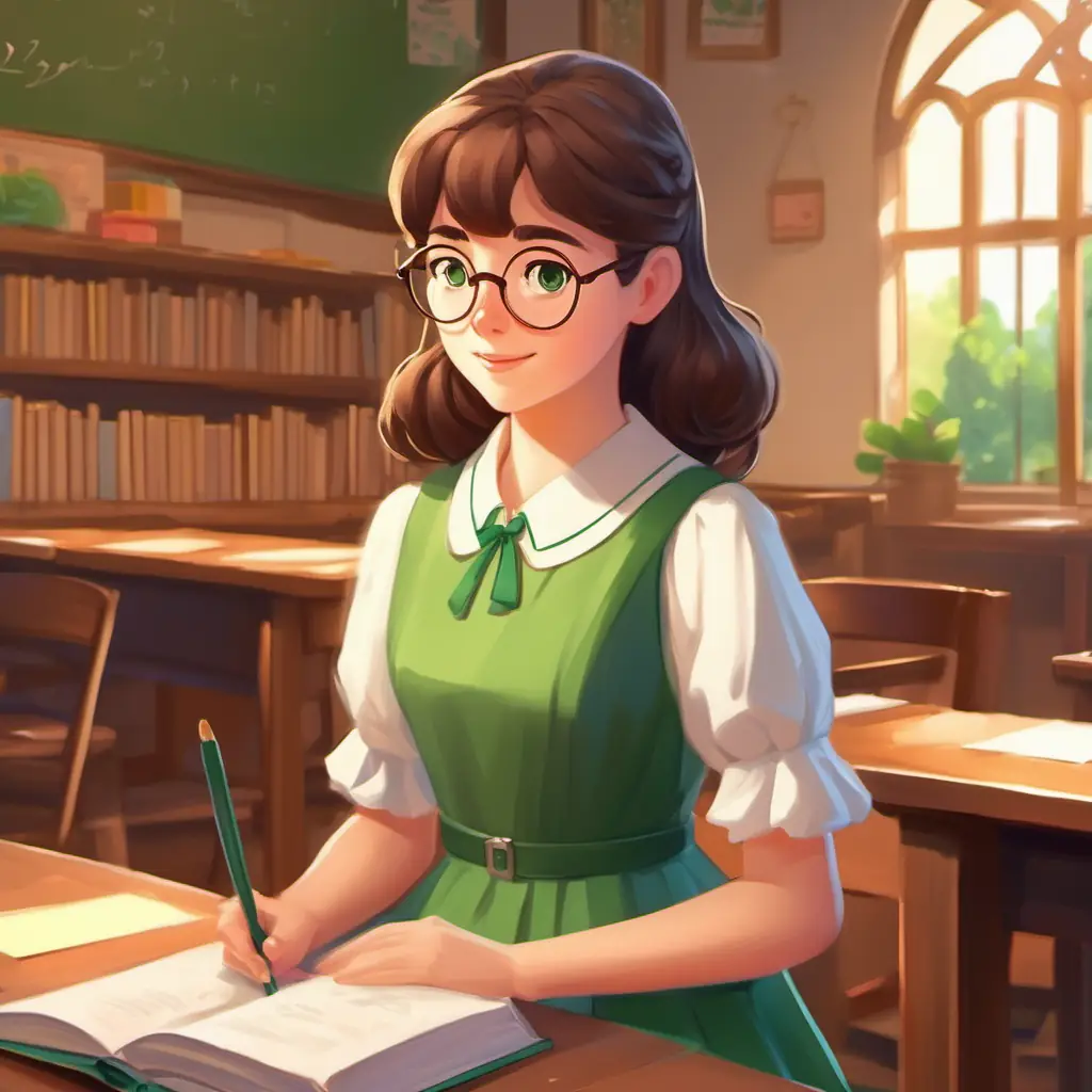 Introduction, classroom setting, Guiding, brown hair, glasses, wears green dress, kind eyes presents the idea.
