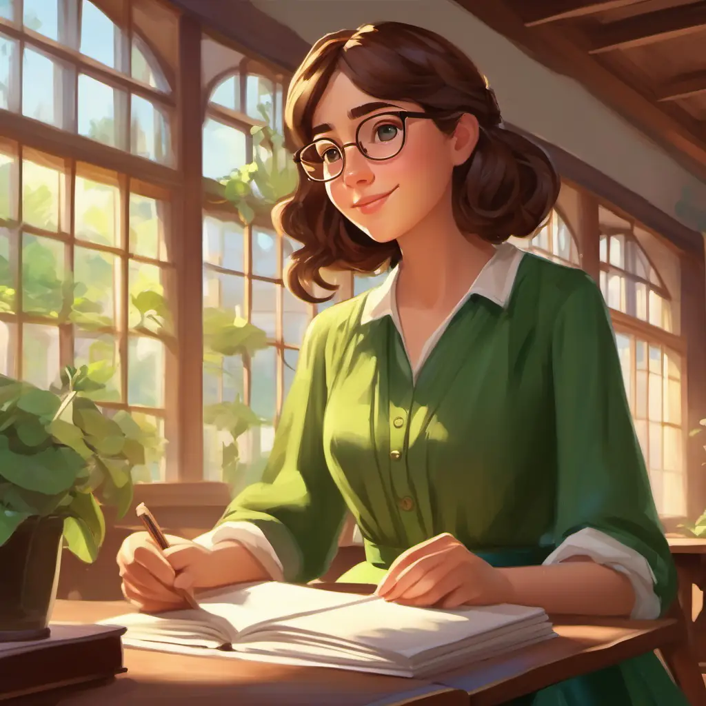 End of the activity, Guiding, brown hair, glasses, wears green dress, kind eyes congratulates the students.
