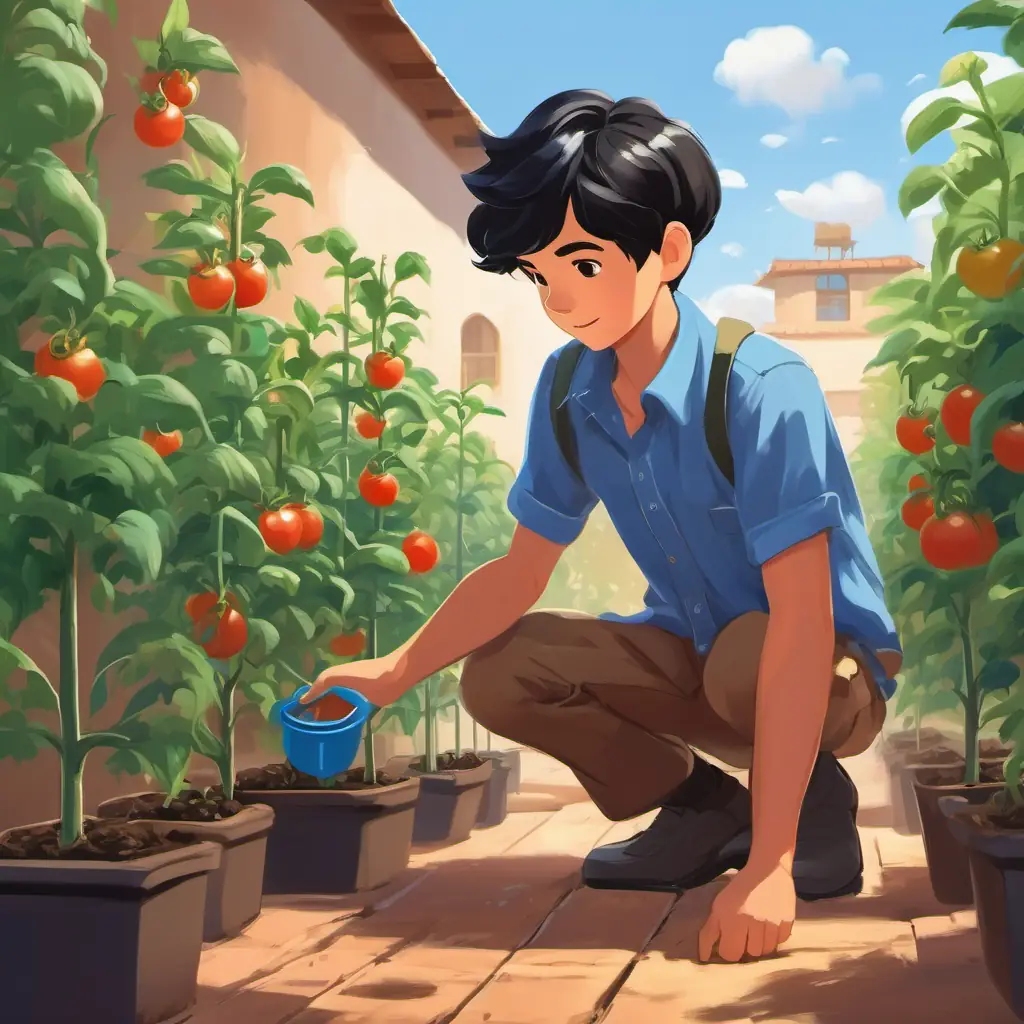 Energetic boy, short black hair, brown eyes, wears blue shirt starts planting, hopes to grow a tomato.