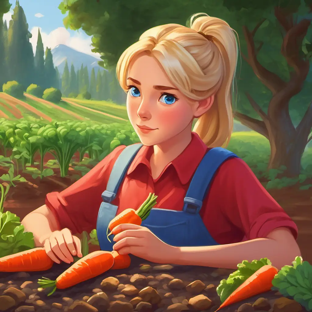 Thoughtful girl, blonde ponytail, blue eyes, wears red shirt planting carrots, considering her snack preferences.