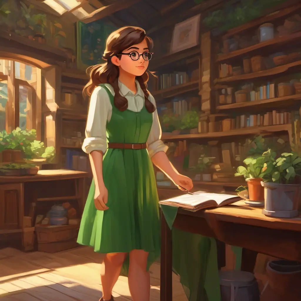 Guiding, brown hair, glasses, wears green dress, kind eyes inspects the problem and suggests a solution.