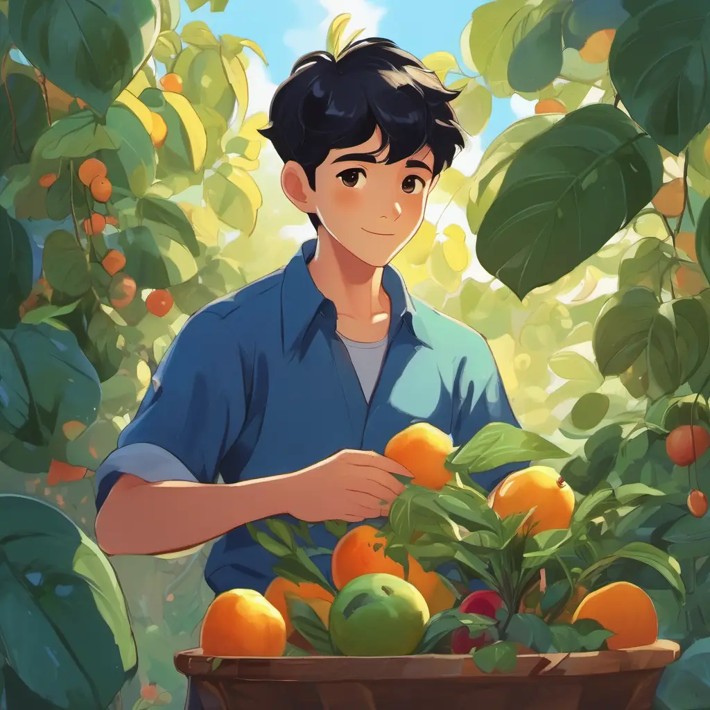 Energetic boy, short black hair, brown eyes, wears blue shirt's plant recovers with proper care and bears fruit.