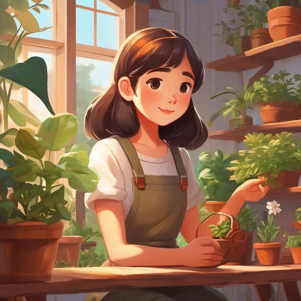 Introduction of Girl with determination, warm skin, bright brown eyes, loves gardening, a plant-loving girl, at her home.