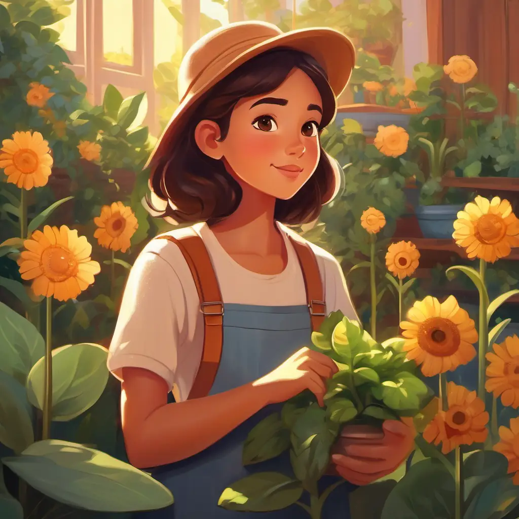 Girl with determination, warm skin, bright brown eyes, loves gardening winning first prize, reflecting on her rewarding experience.