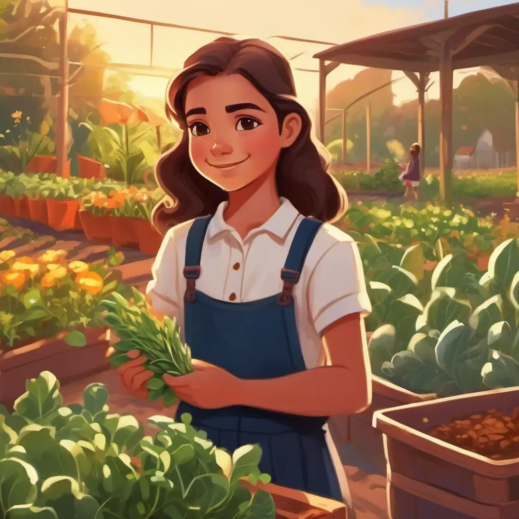 Girl with determination, warm skin, bright brown eyes, loves gardening selecting seeds for her school garden plot.