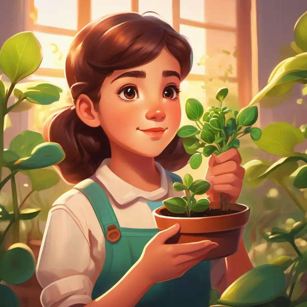 First sprouts of Girl with determination, warm skin, bright brown eyes, loves gardening's garden, feeling of pride.