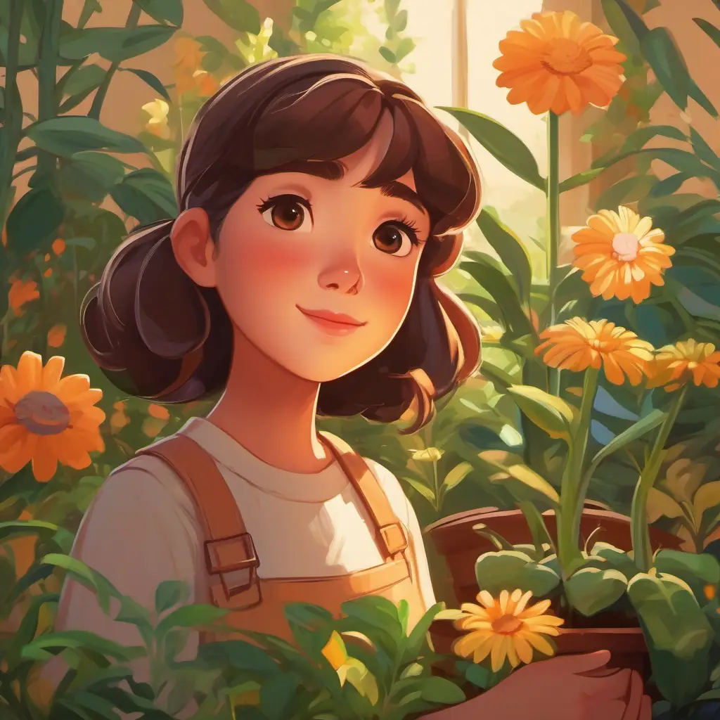 Observing the growth and bloom of Girl with determination, warm skin, bright brown eyes, loves gardening's garden plants.