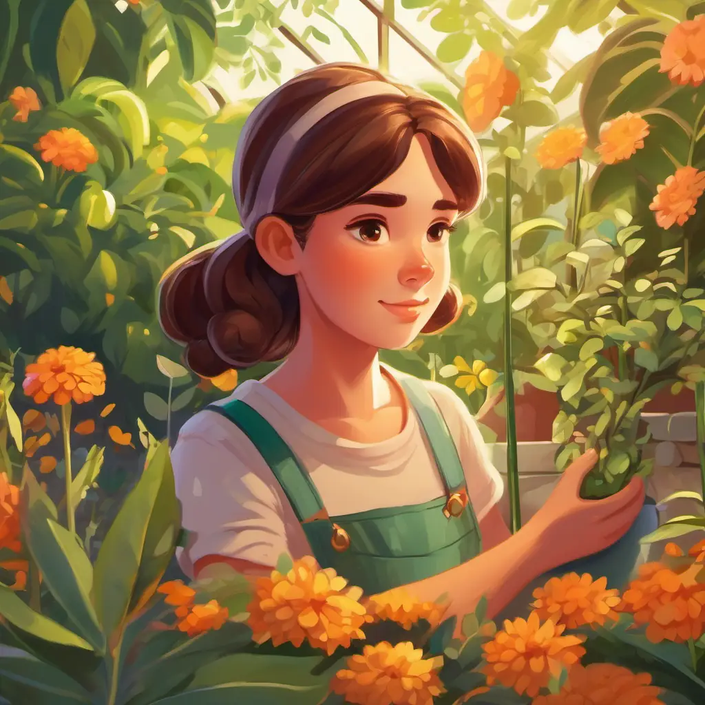 Contest day, Girl with determination, warm skin, bright brown eyes, loves gardening's garden in peak condition.