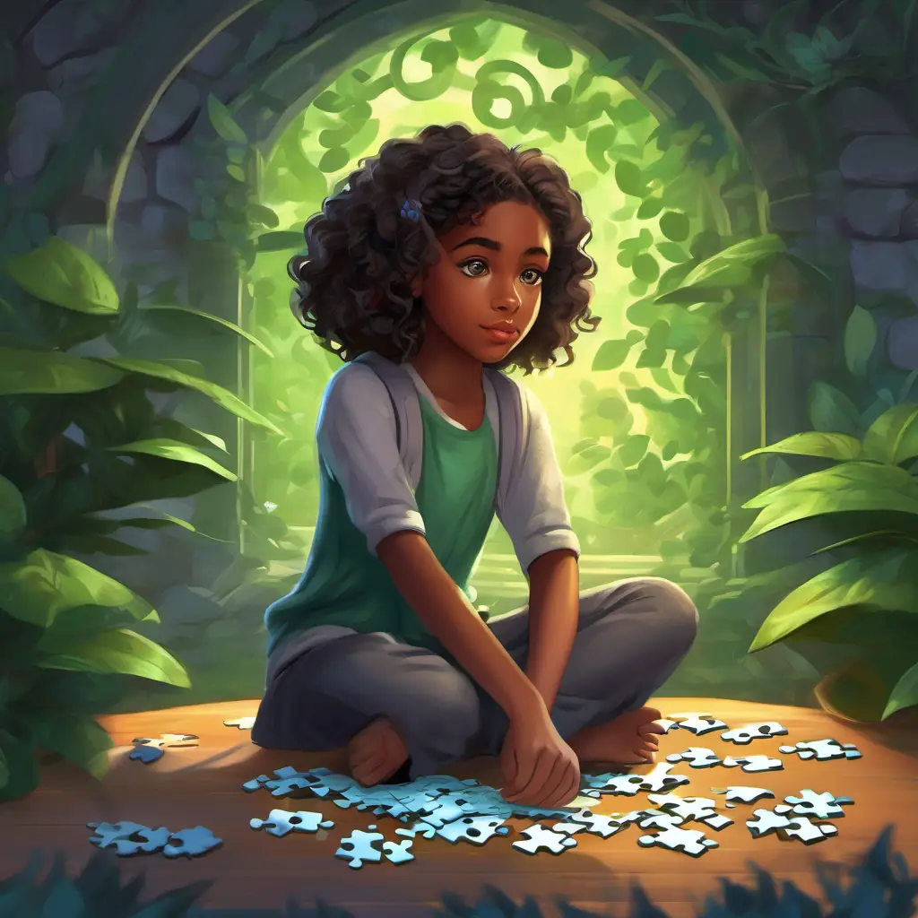 Young black girl, dark eyes, curly hair, creative spirit struggling with a puzzle, Gray tabby cat, green eyes, mysterious aura, very intelligent observing.
