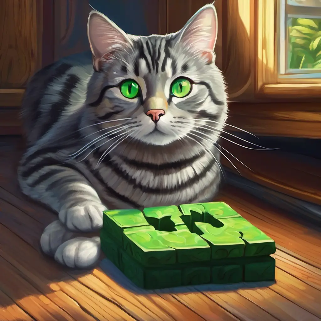 Gray tabby cat, green eyes, mysterious aura, very intelligent noticing puzzle piece under furniture.