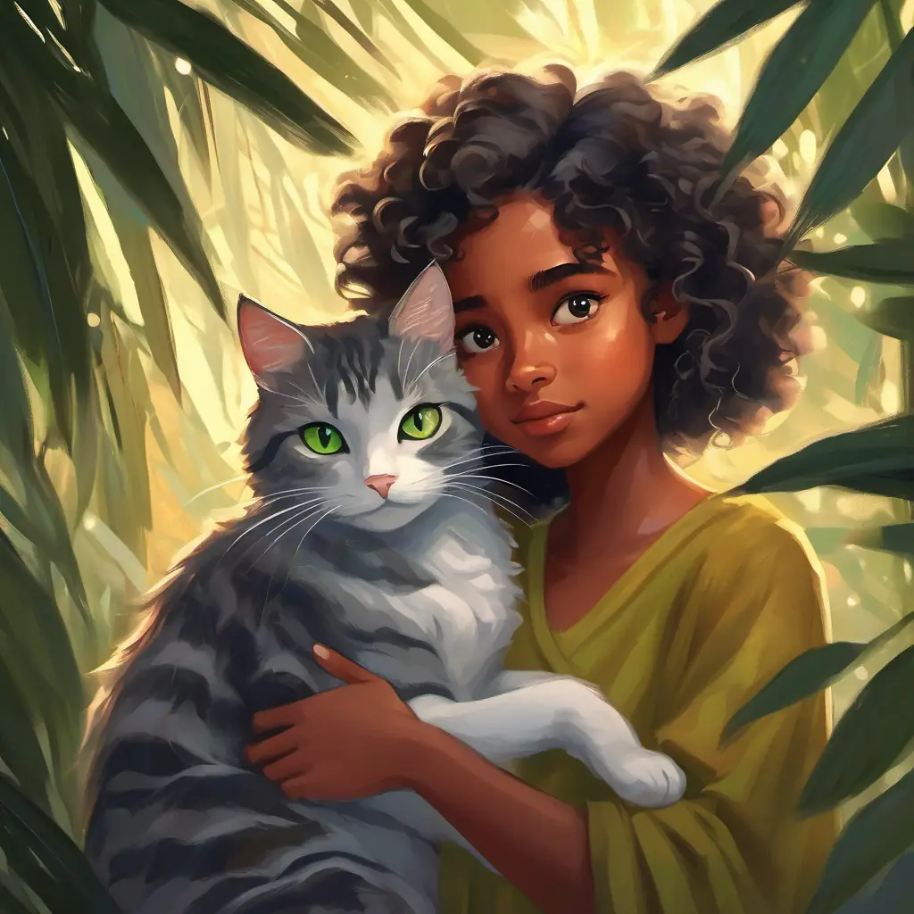 Young black girl, dark eyes, curly hair, creative spirit frightened by storm, hugging Gray tabby cat, green eyes, mysterious aura, very intelligent.