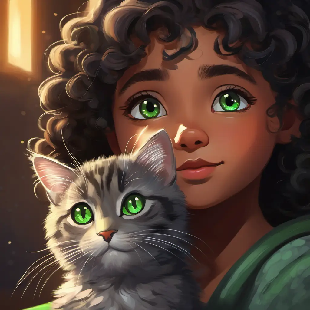 Gray tabby cat, green eyes, mysterious aura, very intelligent comforting Young black girl, dark eyes, curly hair, creative spirit, making her feel safe.