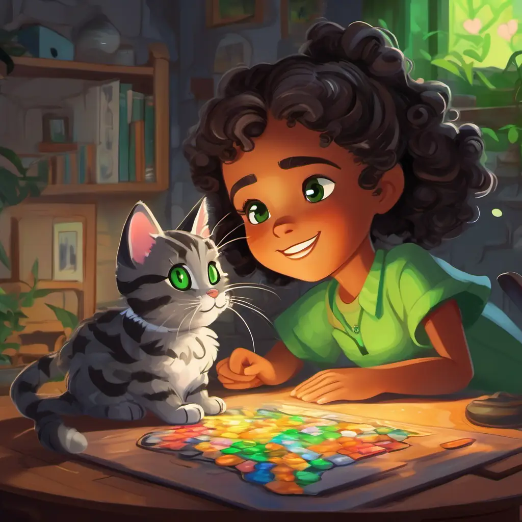 Gray tabby cat, green eyes, mysterious aura, very intelligent pushing puzzle piece towards Young black girl, dark eyes, curly hair, creative spirit.