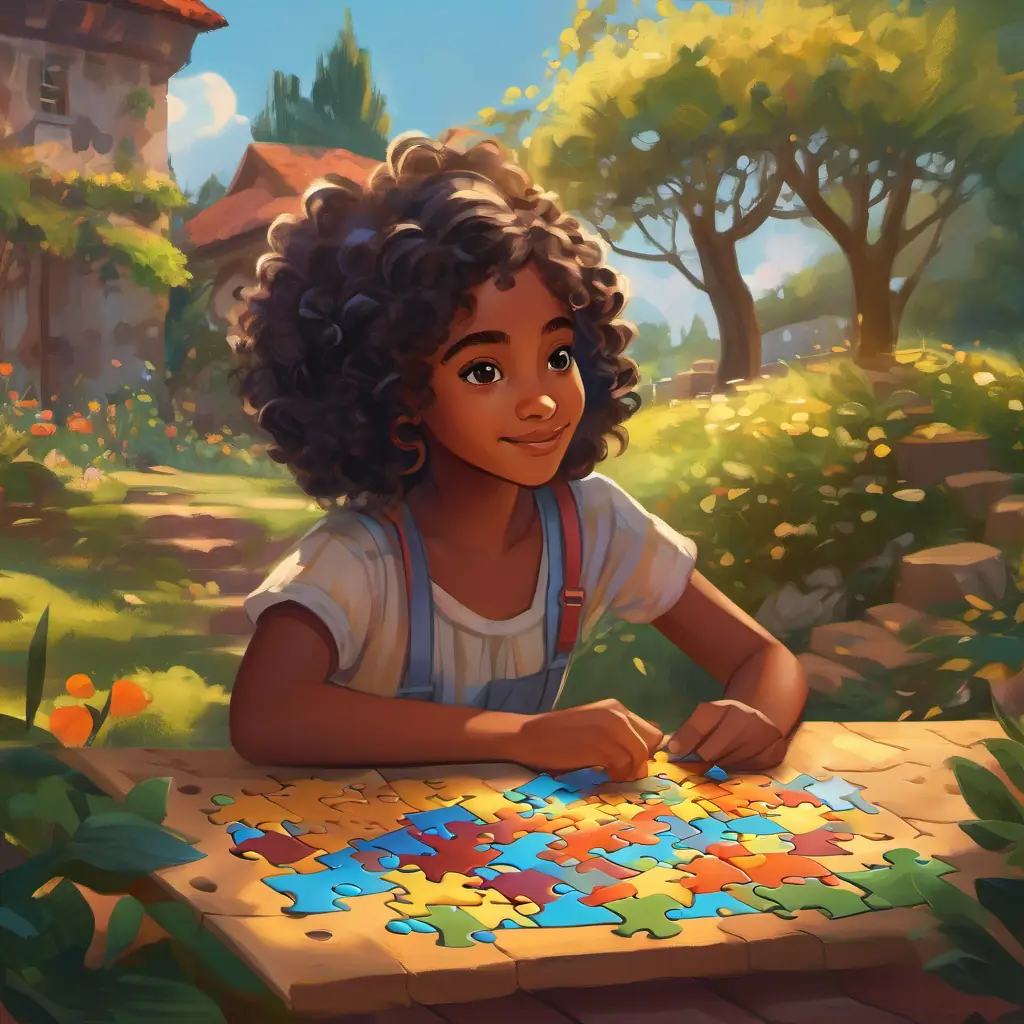 Young black girl, dark eyes, curly hair, creative spirit happy to find the missing puzzle piece.