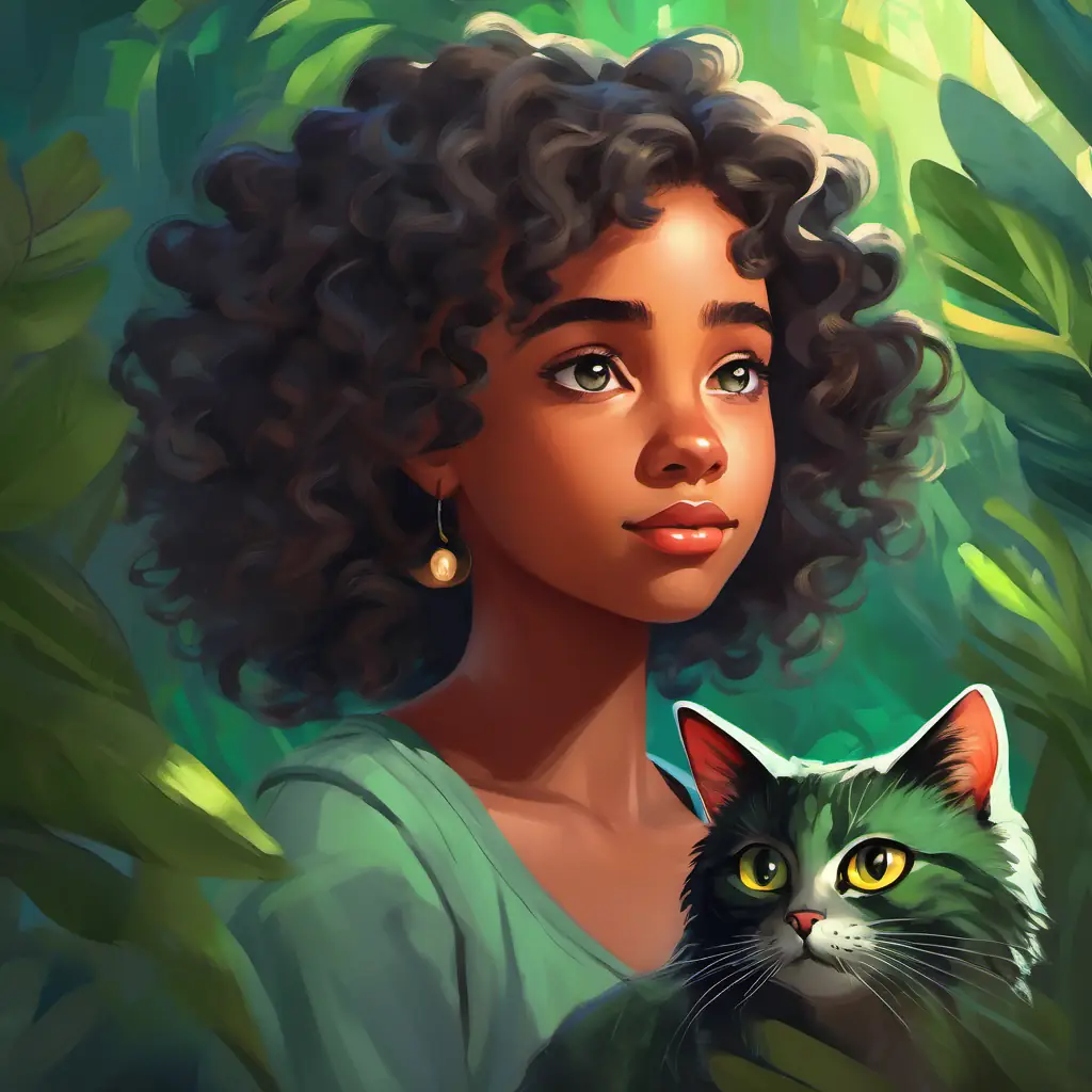Young black girl, dark eyes, curly hair, creative spirit sharing her concerns with Gray tabby cat, green eyes, mysterious aura, very intelligent.