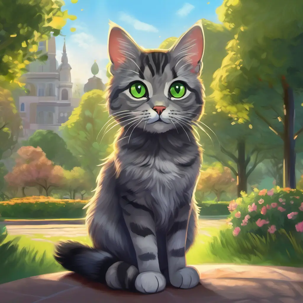 Gray tabby cat, green eyes, mysterious aura, very intelligent guiding Young black girl, dark eyes, curly hair, creative spirit to new friends at the park.