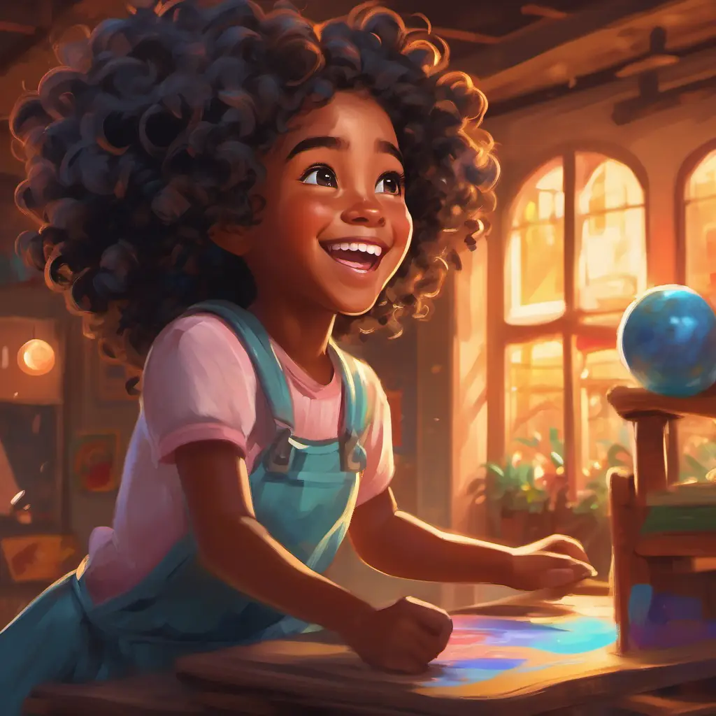 Young black girl, dark eyes, curly hair, creative spirit playing and laughing with other children.