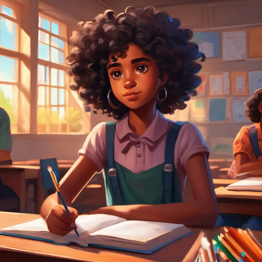 Young black girl, dark eyes, curly hair, creative spirit feeling uneasy in classroom.